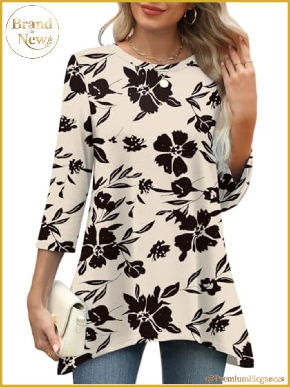 Loose Fit Tunic Top 3/4 Sleeve Asymmetrical Hem Women's Casual Blouse Flowy